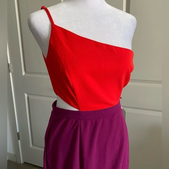 Maniju Colorblock One Shoulder Dress - Size S (Red/Purple) - Picture 2 of 10